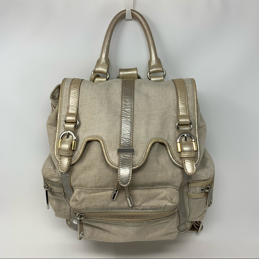 Badgely Mischka Canvas and Metallic Gold Leather Ivory Backpack